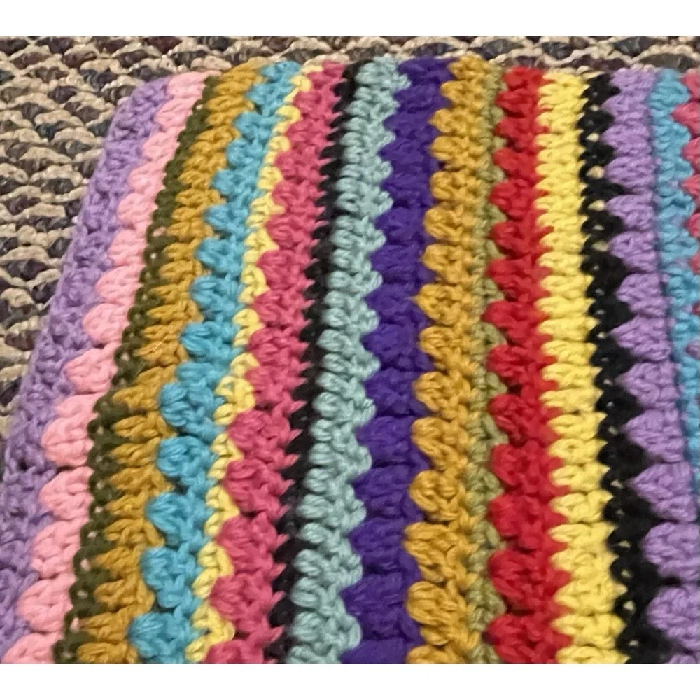 Handmade Rainbow Striped Afghan Crochet Blanket Throw Boho Grannycore 64